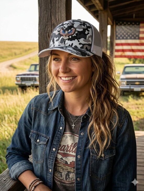 Dirt Road Rigs Other - American Eagle Patched Pacific Headwear Snow Camo Flexfit Trucker Hat